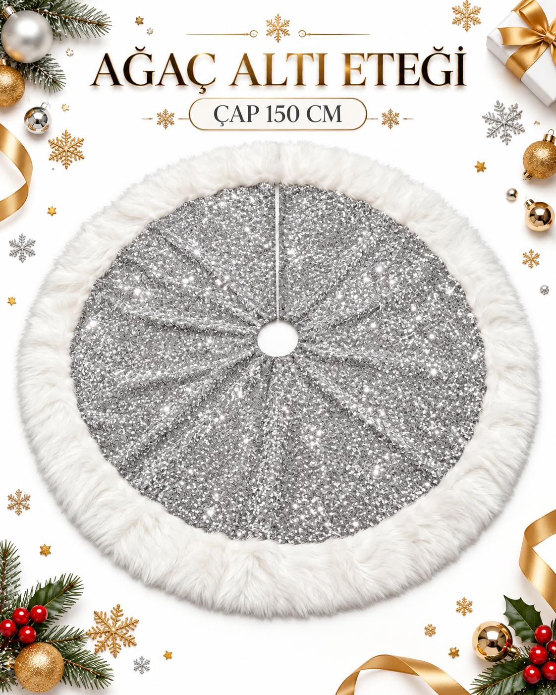 Parti Malzemesi 150 Cm Payetli Yılbaşı Ağaç Altı Eteği Beyaz Peluş Kenarlı Simli Işıltılı Çam Ağacı Altı Örtüsü Gümüş