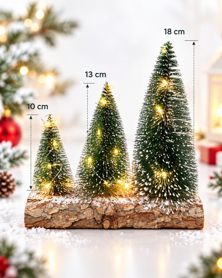Parti Malzemesi 3'lü Işıklı Mini Çam Ağacı Yılbaşı Dekoru – 10 cm 13 cm 18 cm – Ahşap Kütük Üzerinde LED Işıklı Karlı Çam Ağacı Masa Süsü