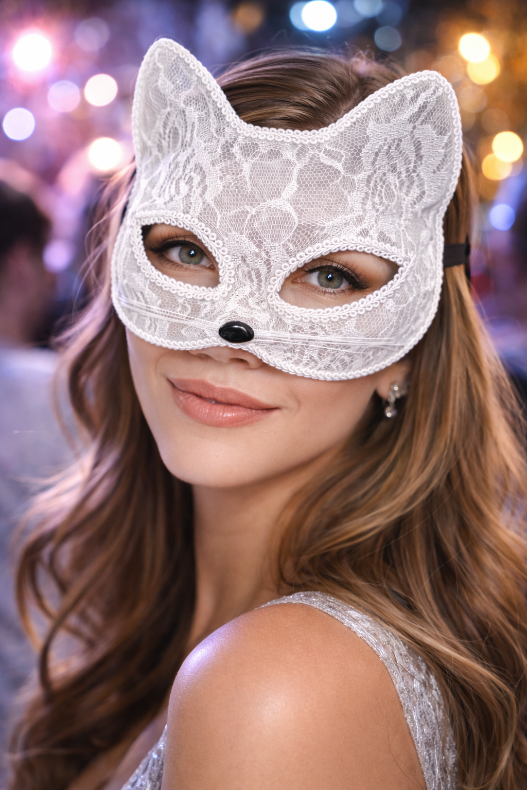 Dantel Kedi Maskesi – Halloween Parti & Kostüm Aksesuarı (Ayarlanabilir Lastikli) Beyaz