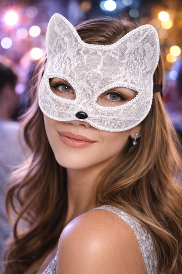 Dantel Kedi Maskesi – Halloween Parti & Kostüm Aksesuarı (Ayarlanabilir Lastikli) Beyaz