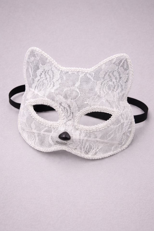 Dantel Kedi Maskesi – Halloween Parti & Kostüm Aksesuarı (Ayarlanabilir Lastikli) Beyaz
