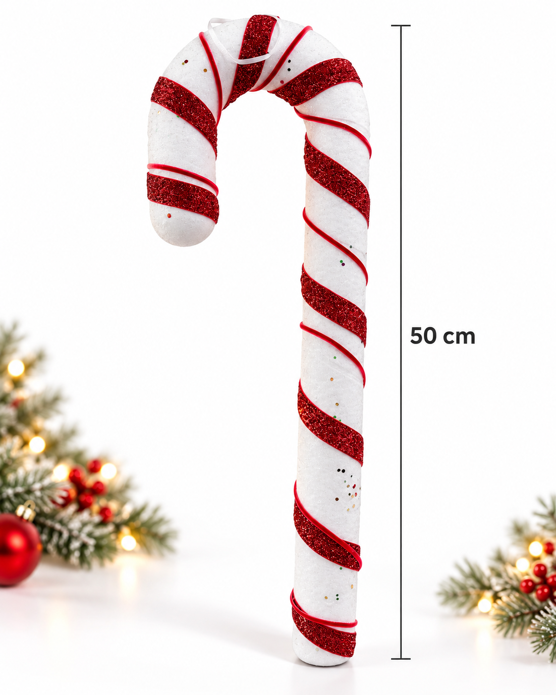 Parti Malzemesi 50 Cm Yılbaşı Baston Şeker Süsü Kırmızı Beyaz Simli Çam Ağacı Süsü Noel Ağacı Dekorasyonu