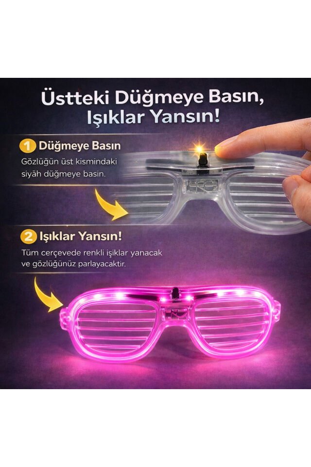 Parti Malzemesi  LED Işıklı Lüks Parti Panjur Gözlük– Neon Çerçeve Işıklı Eğlence Gözlüğü (Üstten Düğmeli)