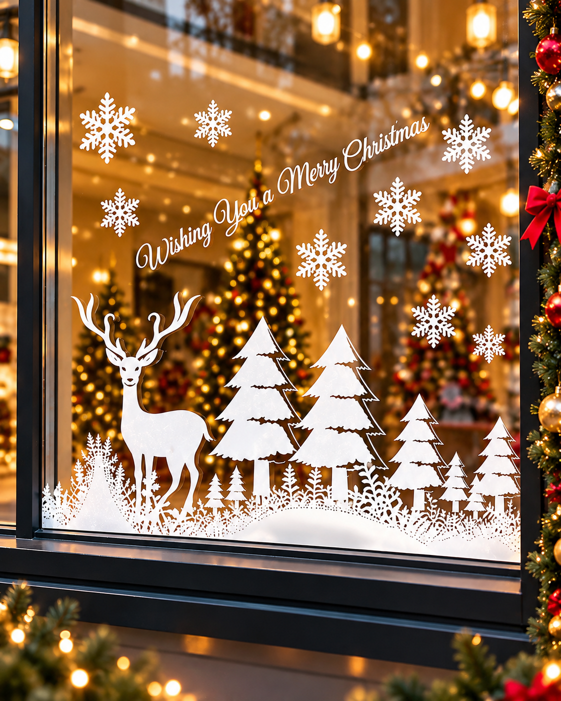 Parti Malzemesi Yılbaşı Cam Sticker Geyikli Çam Ağaçlı Kar Tanesi Desenli Beyaz Vitrin Camı Süsü Noel Cam Dekorasyonu