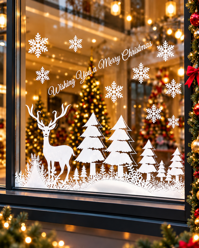 Parti Malzemesi Yılbaşı Cam Sticker Geyikli Çam Ağaçlı Kar Tanesi Desenli Beyaz Vitrin Camı Süsü Noel Cam Dekorasyonu