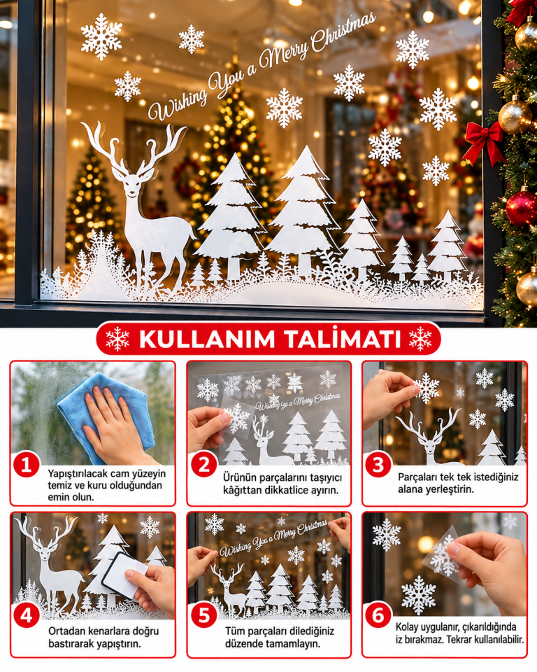 Parti Malzemesi Yılbaşı Cam Sticker Geyikli Çam Ağaçlı Kar Tanesi Desenli Beyaz Vitrin Camı Süsü Noel Cam Dekorasyonu