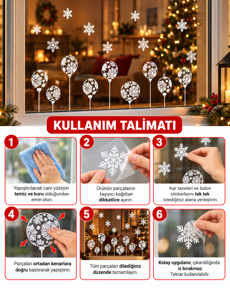 Parti Malzemesi Yılbaşı Cam Sticker 70x50 cm Beyaz Balon ve Kar Tanesi Desenli Vitrin Cam Süsü Dekoratif Cam Sticker