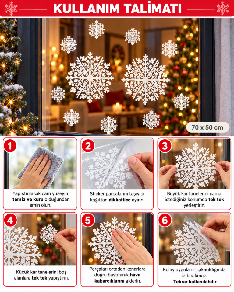 Parti Malzemesi Yılbaşı Cam Sticker 70x50 cm Beyaz Kar Tanesi Desenli Noel Vitrin Süsü Pencere Camı Dekorasyon Stickerı