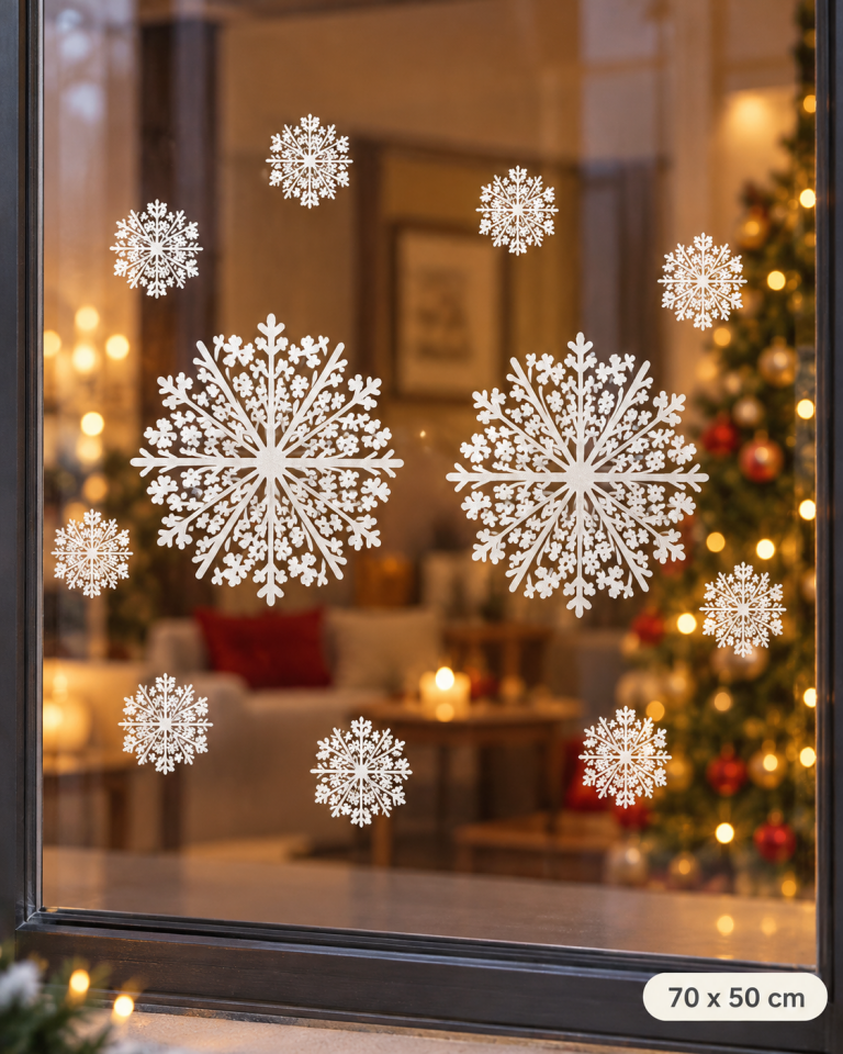 Parti Malzemesi Yılbaşı Cam Sticker 70x50 cm Beyaz Kar Tanesi Desenli Noel Vitrin Süsü Pencere Camı Dekorasyon Stickerı