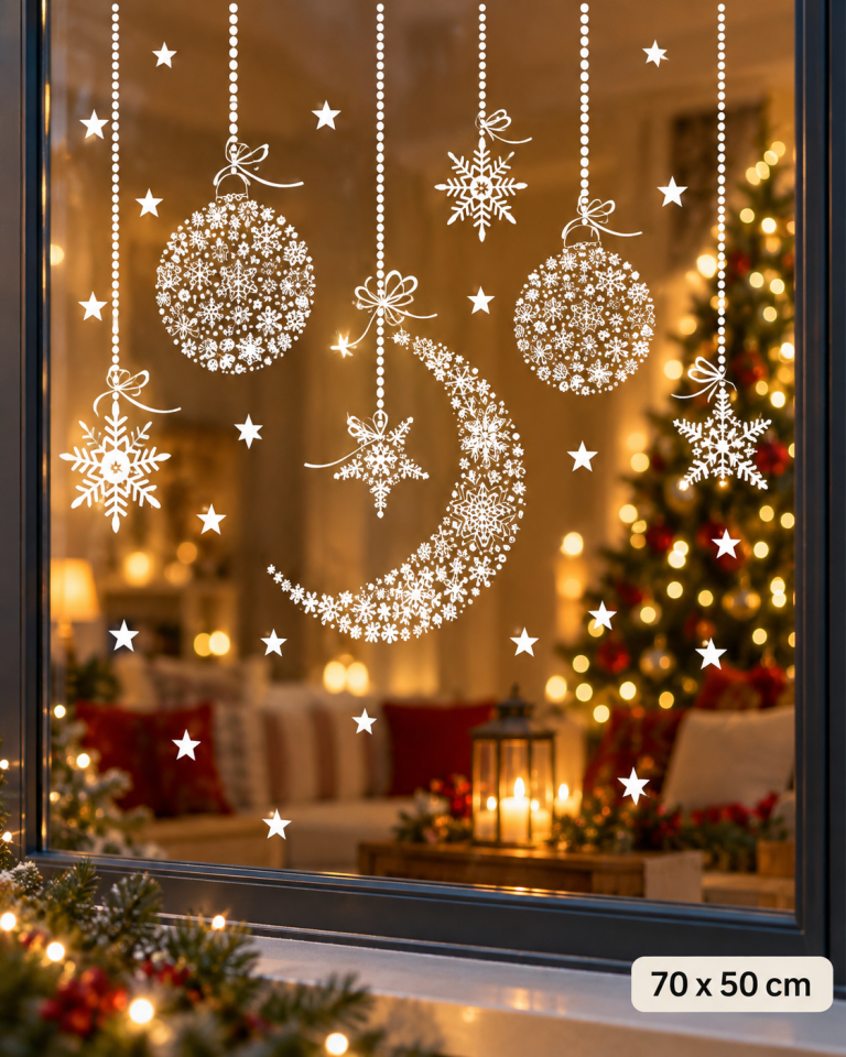Parti Malzemesi Yılbaşı Cam Sticker 70x50 cm Ay Yıldız Kar Tanesi ve Asılı Noel Topu Desenli Beyaz Vitrin Cam Süsü Pencere Dekorasyonu