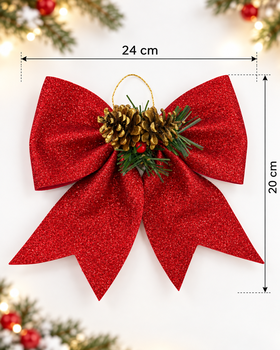 Parti Malzemesi Yılbaşı Fiyonk Süsü 24x20 cm Kırmızı Simli Kozalaklı Çam Dallı Dekoratif Noel Kurdele Süsü Kapı ve Çam Ağacı Süsü