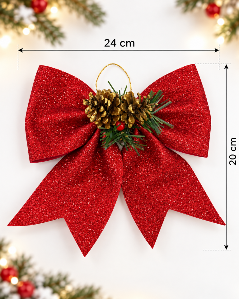 Parti Malzemesi Yılbaşı Fiyonk Süsü 24x20 cm Kırmızı Simli Kozalaklı Çam Dallı Dekoratif Noel Kurdele Süsü Kapı ve Çam Ağacı Süsü