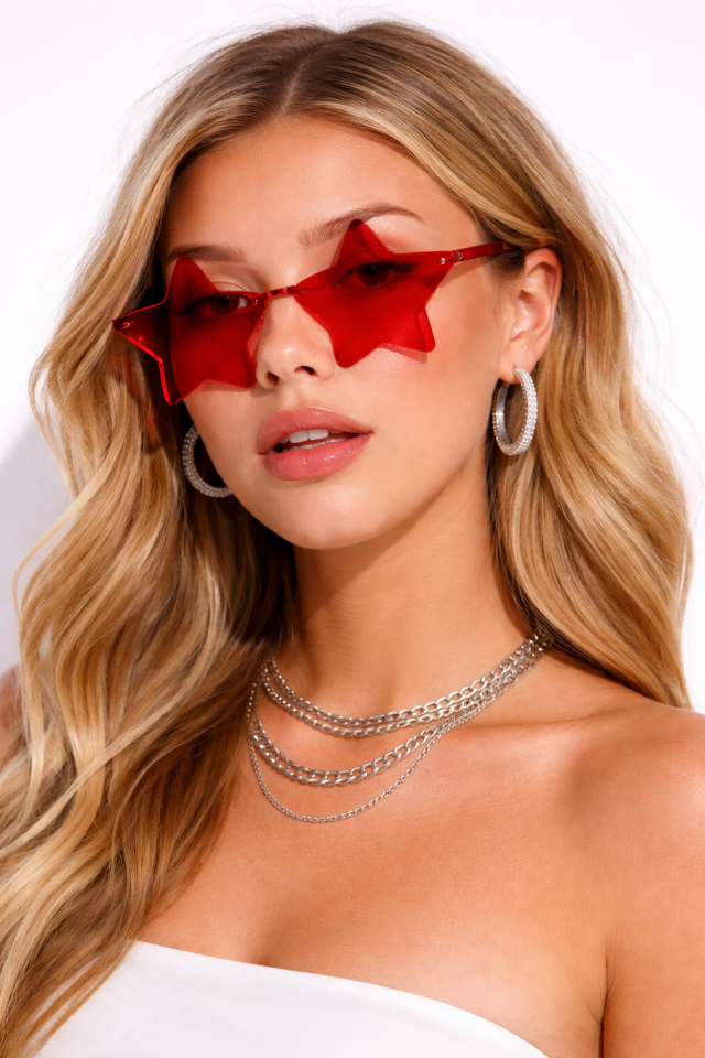 Yıldız Parti Gözlüğü Şeffaf Model Doğum Günü Bekarlığa Veda Eğlence Gözlüğü Kırmızı