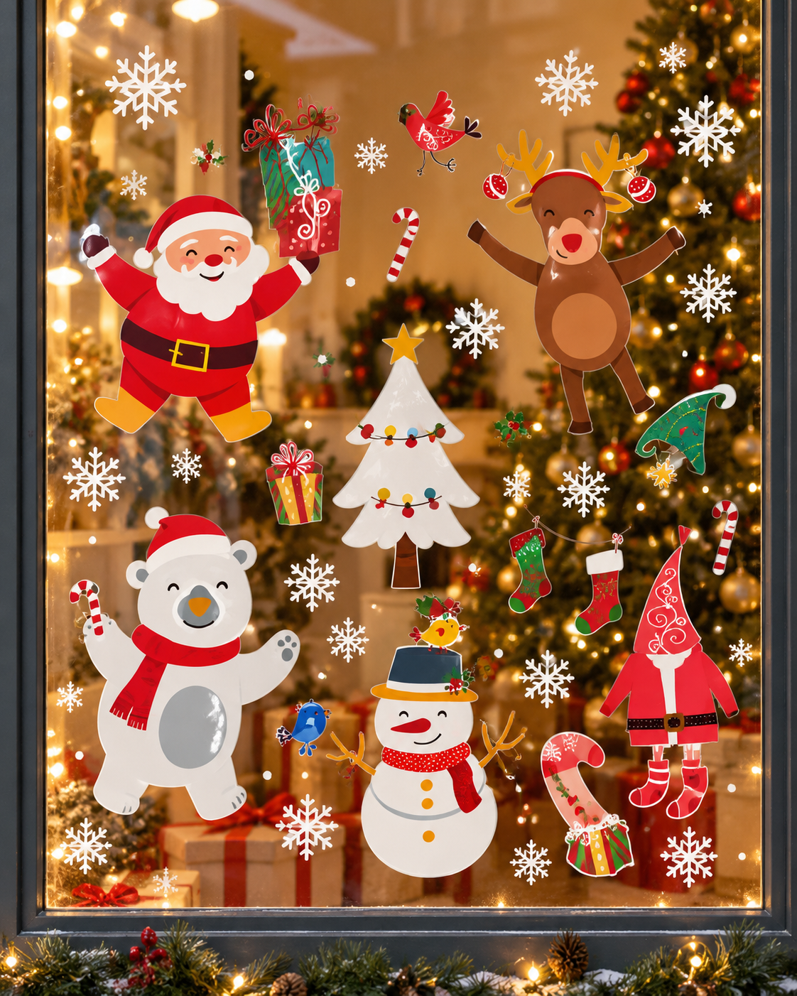 Parti Malzemeleri Yılbaşı Cam Sticker 70x50 cm Noel Baba Kardan Adam Geyik Kutup Ayısı ve Çam Ağacı Desenli Renkli Vitrin Pencere Süsü