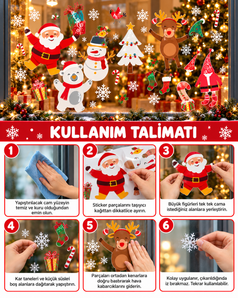 Parti Malzemeleri Yılbaşı Cam Sticker 70x50 cm Noel Baba Kardan Adam Geyik Kutup Ayısı ve Çam Ağacı Desenli Renkli Vitrin Pencere Süsü