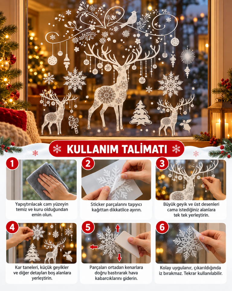 Parti Malzemeleri Yılbaşı Cam Sticker 70x50 cm Geyik Kar Tanesi Çam Ağacı Desenli Beyaz Noel Vitrin ve Pencere Süsü Dekoratif Cam Sticker