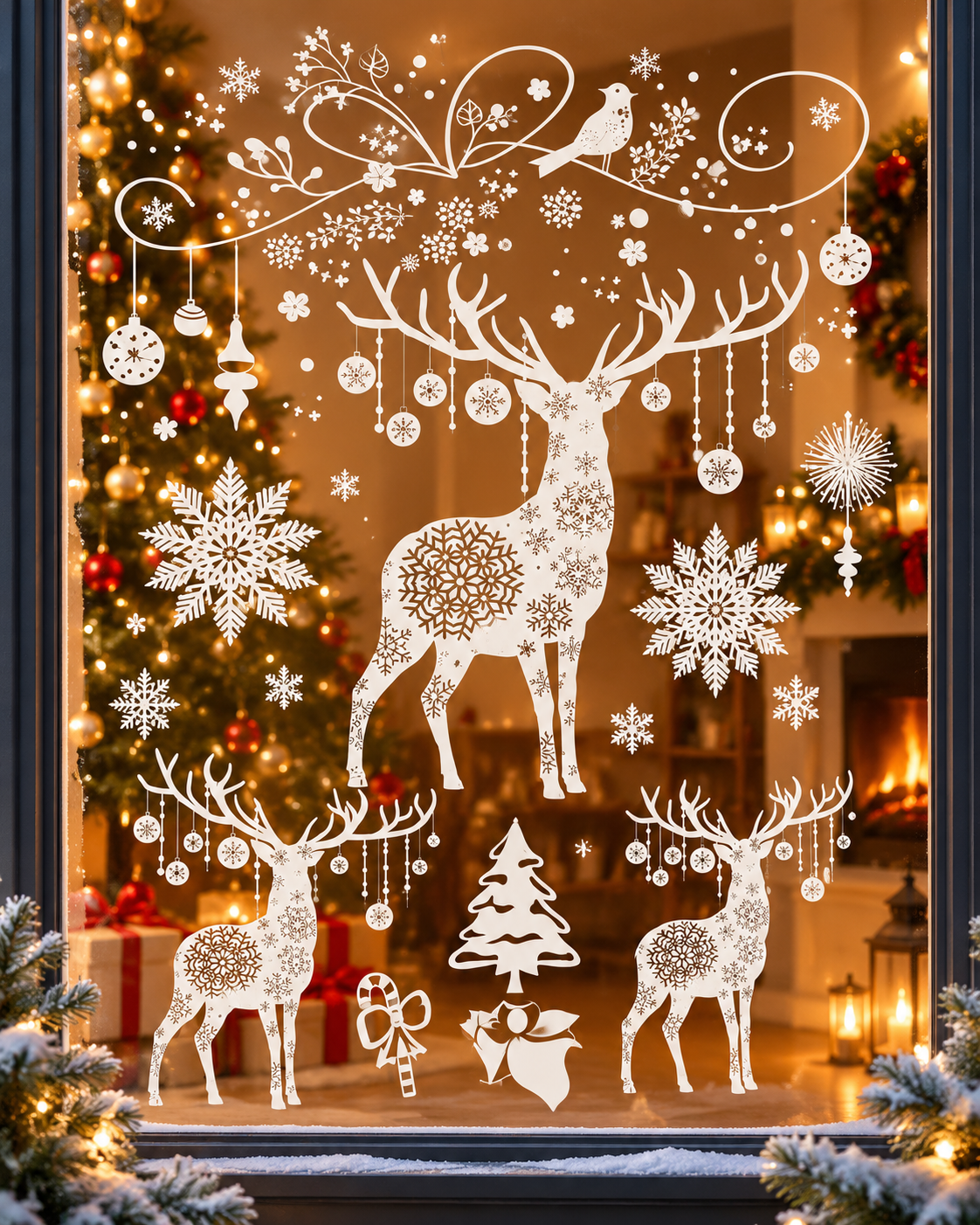 Parti Malzemeleri Yılbaşı Cam Sticker 70x50 cm Geyik Kar Tanesi Çam Ağacı Desenli Beyaz Noel Vitrin ve Pencere Süsü Dekoratif Cam Sticker