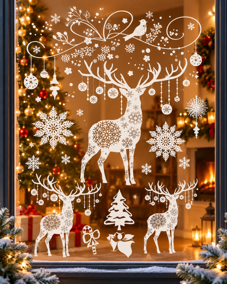 Parti Malzemeleri Yılbaşı Cam Sticker 70x50 cm Geyik Kar Tanesi Çam Ağacı Desenli Beyaz Noel Vitrin ve Pencere Süsü Dekoratif Cam Sticker