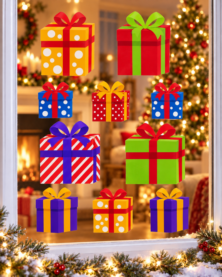 Parti Malzemeleri Yılbaşı Cam Sticker Hediye Paketi Desenli Renkli Noel Vitrin Süsü Çam Ağacı Konseptli Dekoratif Pencere Camı Sticker Seti