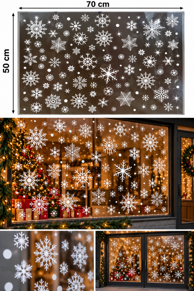 Parti Malzemesi 70x50 cm Yılbaşı Kar Tanesi Desenli Cam Sticker – Beyaz Vitrin ve Pencere Süsü