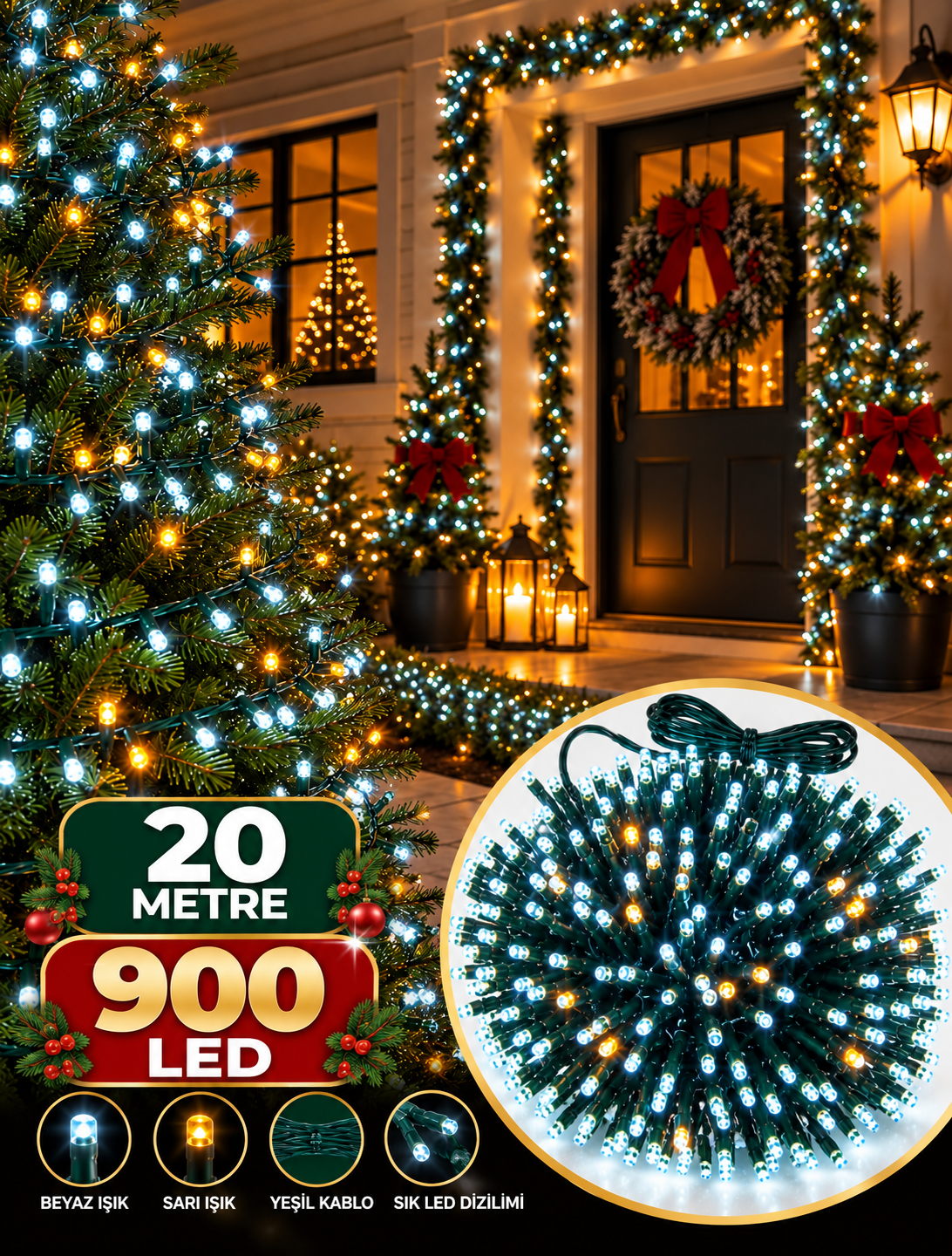 Parti Malzemeleri 50 Metre 1600 LED Yılbaşı Işığı Beyaz Gün Işığı Karışık Çam Ağacı ve Dekorasyon Işığı