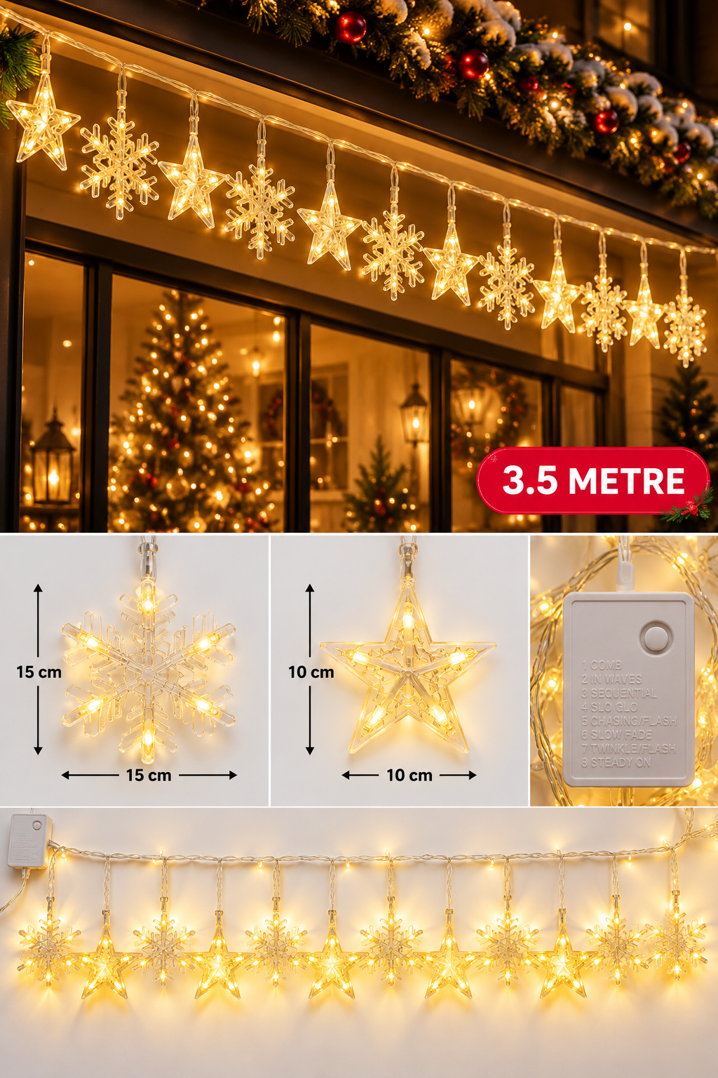 Parti Malzemeleri 3,5 Metre 3 Modlu LED Yılbaşı Işığı 6 Yıldız 6 Kar Tanesi Gün Işığı Dekoratif Süs