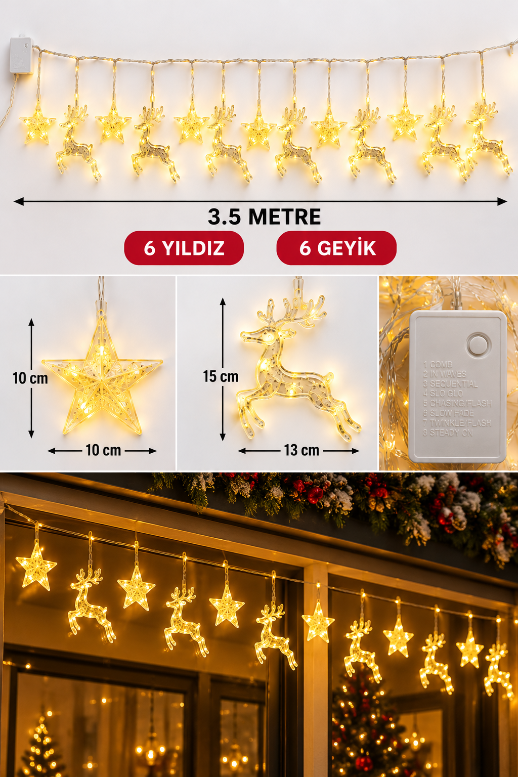Parti Malzemeleri 3,5 Metre LED Yılbaşı Işığı 6 Yıldız 6 Geyik Figürlü 3 Modlu Gün Işığı Dekoratif Süs