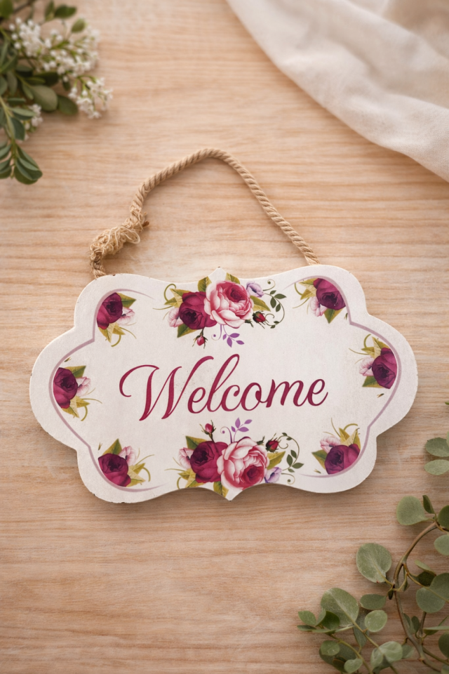 Parti Malzemesi Kapı Süsü Welcome Yazılı Çiçek Desenli Ahşap Kapı Dekoru Askılı Ev Giriş Süsü 22x13