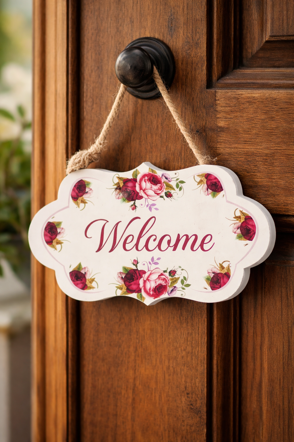 Parti Malzemesi Kapı Süsü Welcome Yazılı Çiçek Desenli Ahşap Kapı Dekoru Askılı Ev Giriş Süsü 22x13