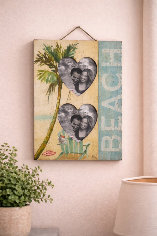 Beach Temalı Çift Kalpli Fotoğraf Çerçevesi 29x18 cm – Duvara Asmalı Vintage Ahşap Çerçeve