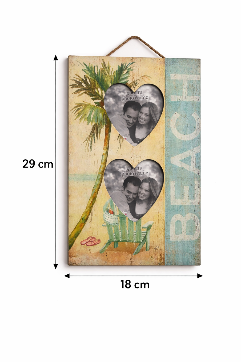 Parti Malzemesi Beach Temalı Çift Kalpli Fotoğraf Çerçevesi 29x18 cm – Duvara Asmalı Vintage Ahşap Çerçeve