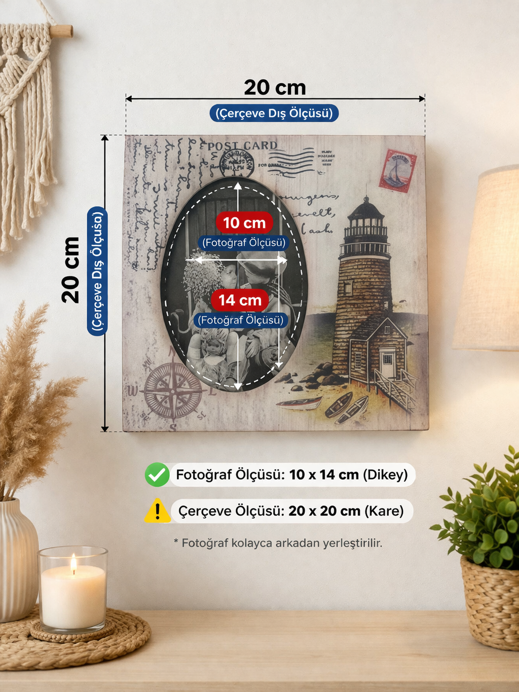 Parti Malzemesi Dekoratif Deniz Feneri Temalı Fotoğraf Çerçevesi 20x20 cm – 10x14 Fotoğraf Uyumlu Vintage Marin Duvar & Masa Çerçevesi