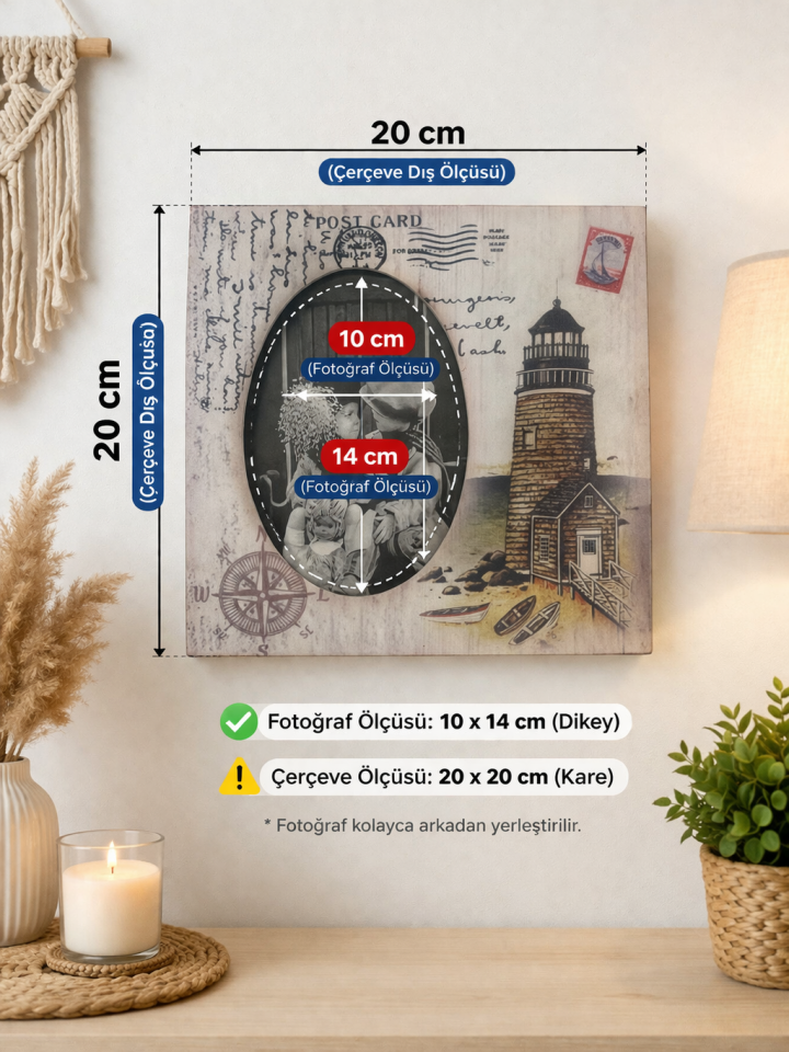 Dekoratif Deniz Feneri Temalı Fotoğraf Çerçevesi 20x20 cm – 10x14 Fotoğraf Uyumlu Vintage Marin Duvar & Masa Çerçevesi