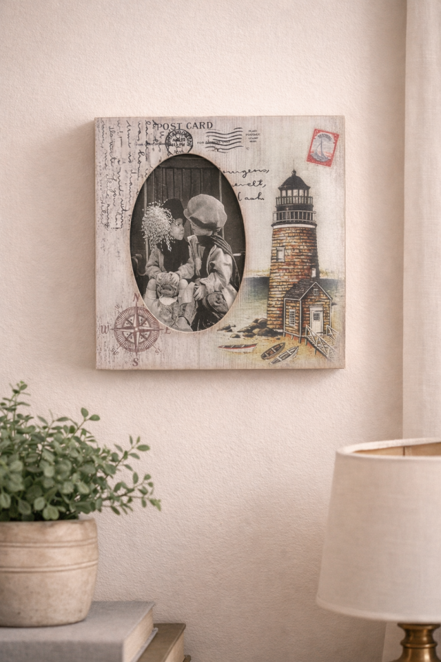 Parti Malzemesi Dekoratif Deniz Feneri Temalı Fotoğraf Çerçevesi 20x20 cm – 10x14 Fotoğraf Uyumlu Vintage Marin Duvar & Masa Çerçevesi