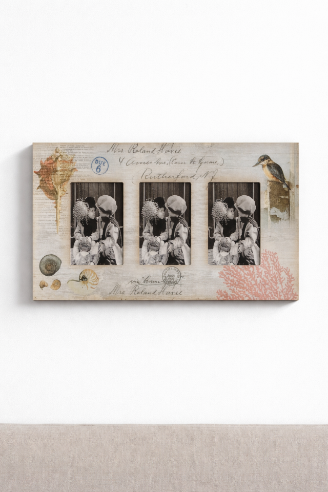 Parti Malzemesi 3’lü Yatay Fotoğraf Çerçevesi Duvar Tipi 38x21 cm Dekoratif Çoklu Çerçeve 11x7 cm