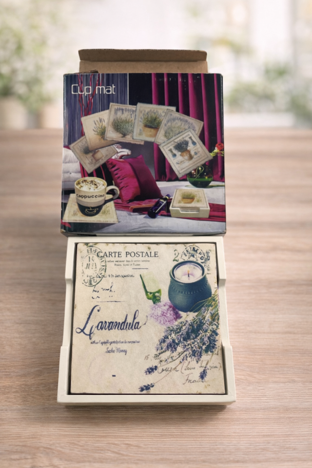 Lavanta Desenli 6’lı Bardak Altlığı Seti Ahşap Standlı 10,5x10,5 cm Dekoratif Cup Mat