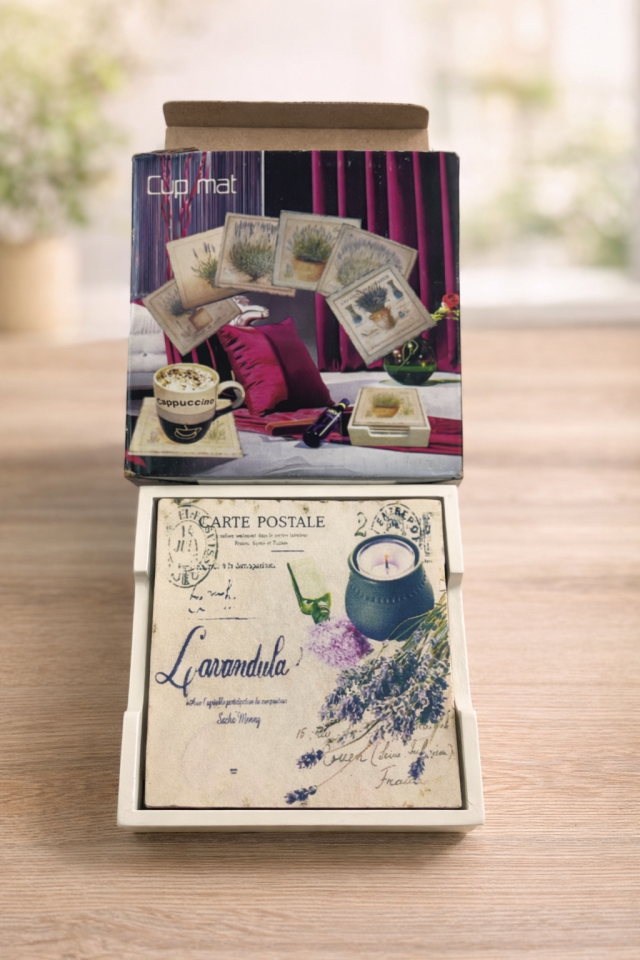 Parti Malzemesi Vintage Çiçek Desenli 6’lı Bardak Altlığı Seti Standlı 10,5x10,5 cm Dekoratif Cup Mat