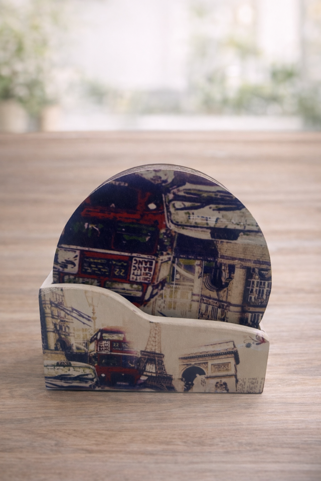 Parti Malzemesi Vintage Şehir Desenli Yuvarlak Bardak Altlığı 6’lı Set Standlı 11 cm Dekoratif Cup Mat