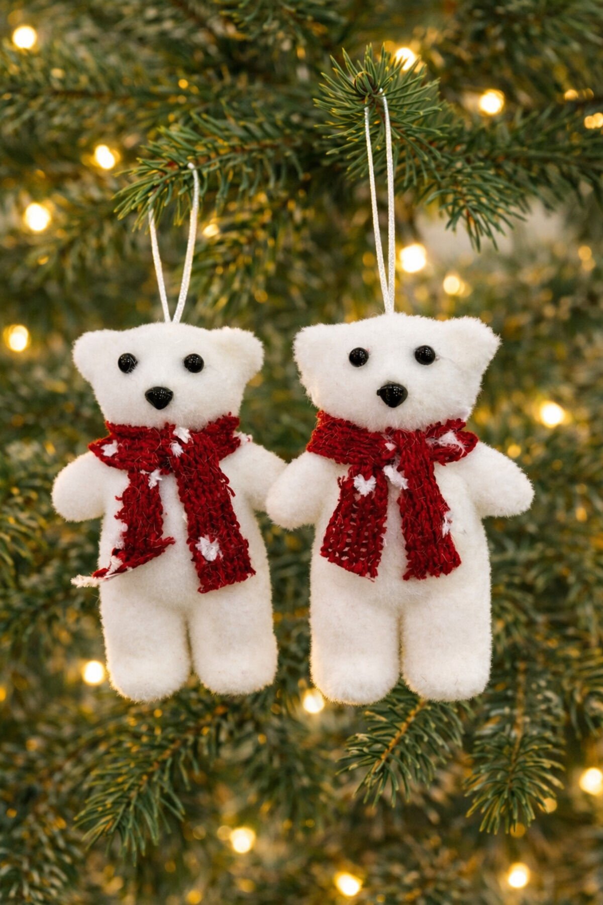 Peluş Beyaz Ayıcık Yılbaşı Ağacı Süsü 2’li Set – Atkılı Teddy Bear Çam Ağacı Süsü Noel Ağacı Dekoru