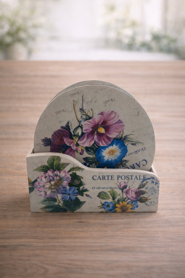 Parti Malzemesi Vintage Çiçek Desenli Bardak Altlığı 6’lı Set Ahşap Standlı Dekoratif Bardak Altı 11 cm
