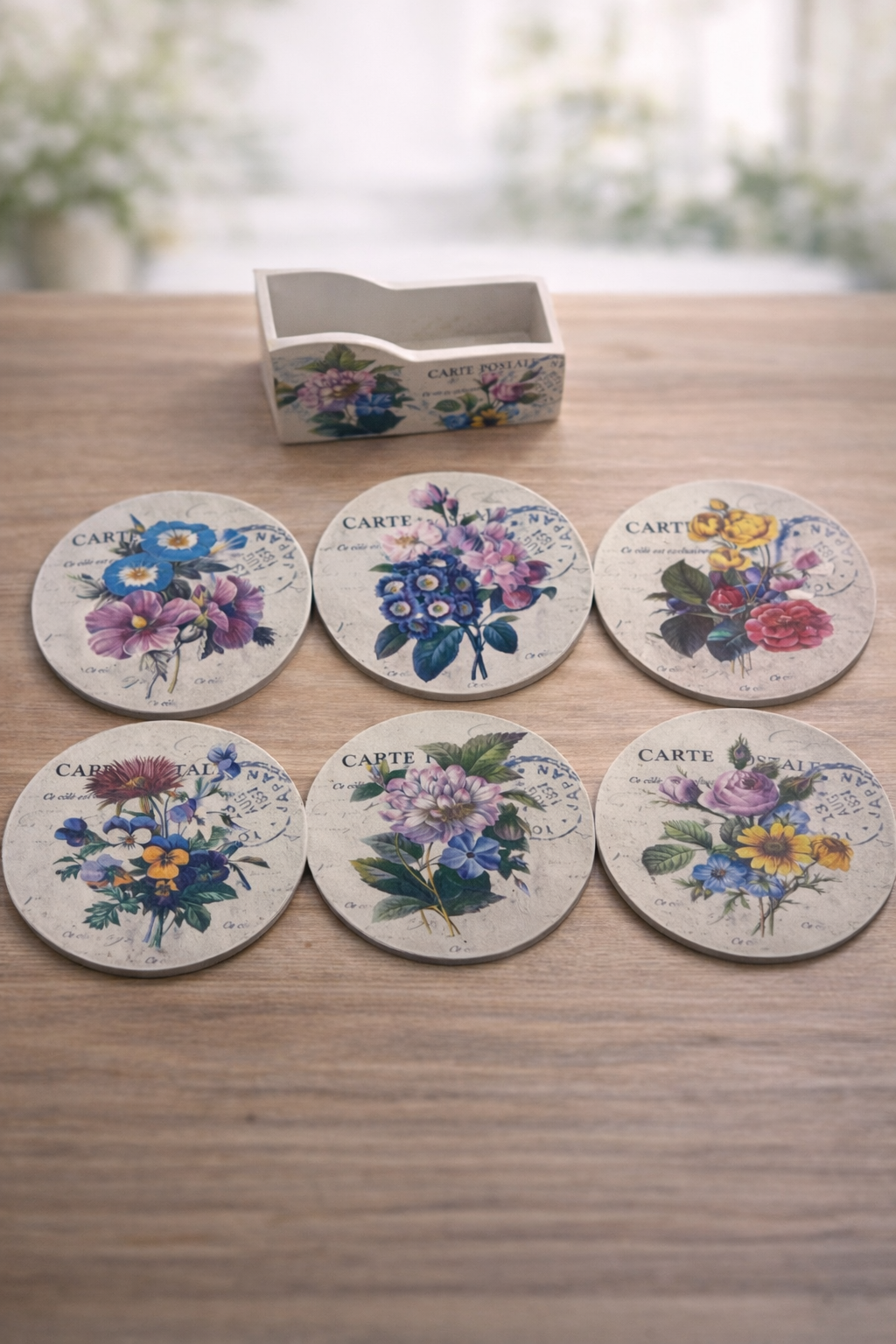 Parti Malzemesi Vintage Çiçek Desenli Bardak Altlığı 6’lı Set Ahşap Standlı Dekoratif Bardak Altı 11 cm