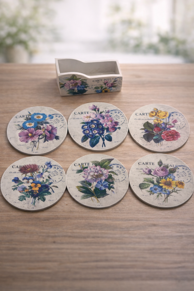 Parti Malzemesi Vintage Çiçek Desenli Bardak Altlığı 6’lı Set Ahşap Standlı Dekoratif Bardak Altı 11 cm