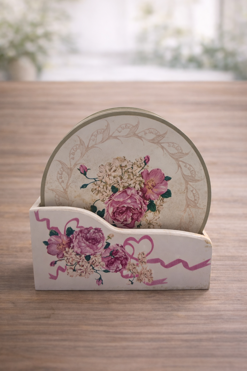 Parti Malzemesi Vintage Gül Desenli Bardak Altlığı 6’lı Set Standlı Dekoratif Bardak Altı 11 cm