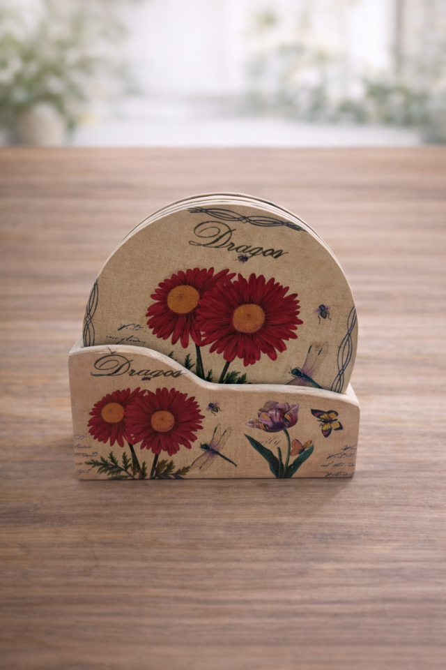 Parti Malzemesi Dekoratif Çiçek Desenli Bardak Altlığı 6’lı Set Ahşap Görünümlü Yuvarlak Supla 11 cm