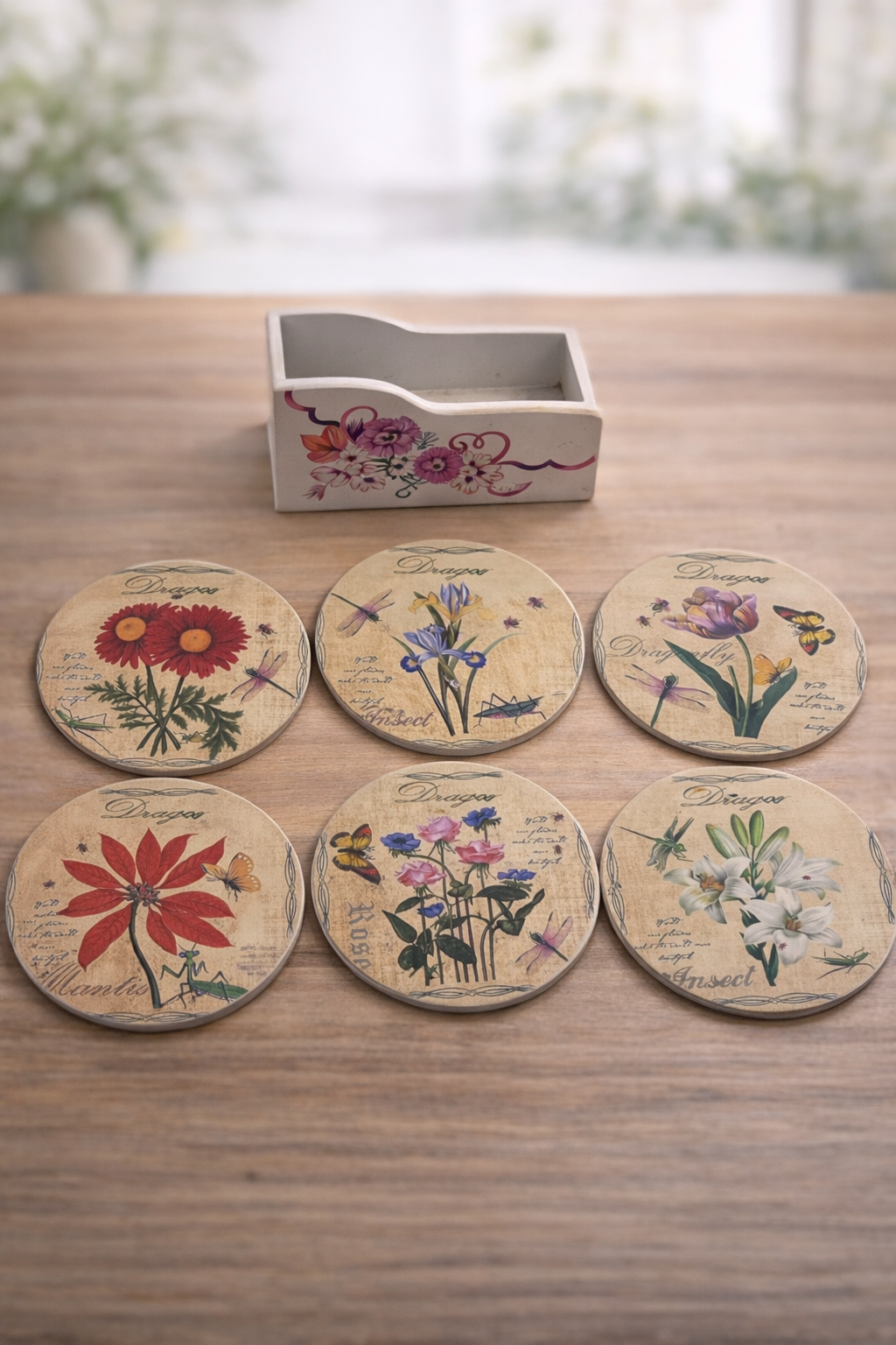 Parti Malzemesi Dekoratif Çiçek Desenli Bardak Altlığı 6’lı Set Ahşap Görünümlü Yuvarlak Supla 11 cm