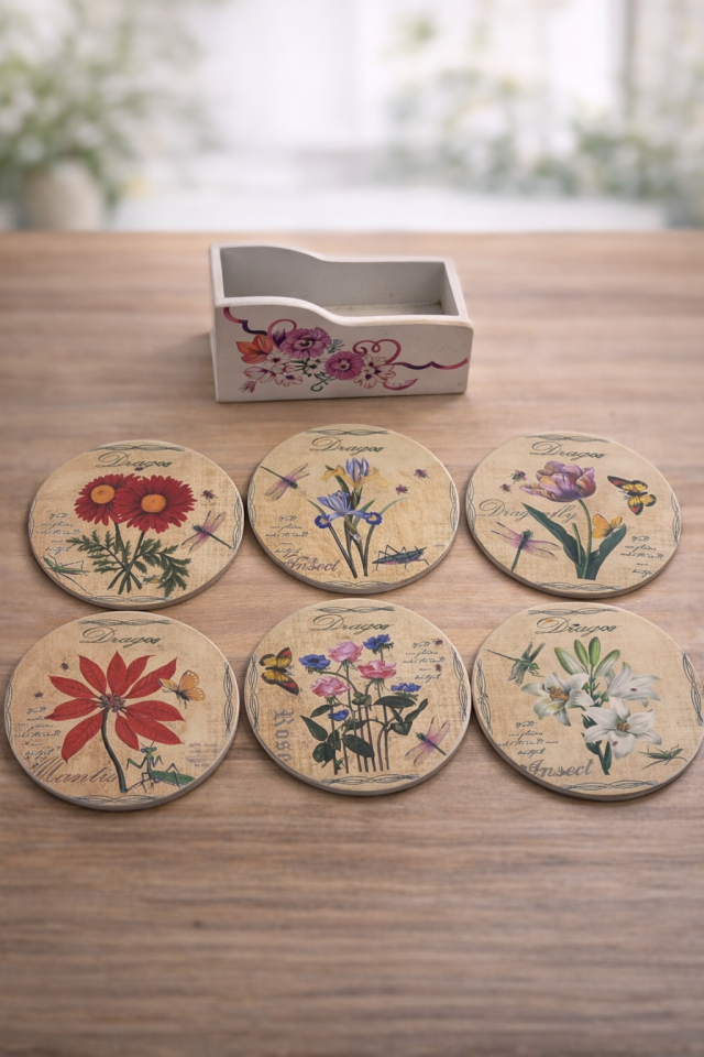 Parti Malzemesi Dekoratif Çiçek Desenli Bardak Altlığı 6’lı Set Ahşap Görünümlü Yuvarlak Supla 11 cm
