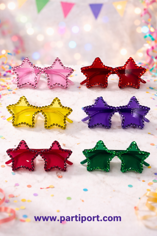Parti Malzemesi Yıldız Parti Gözlüğü 6’lı Set Renkli Taşlı Yetişkin Parti Gözlüğü Doğum Günü Eğlence Aksesuarı