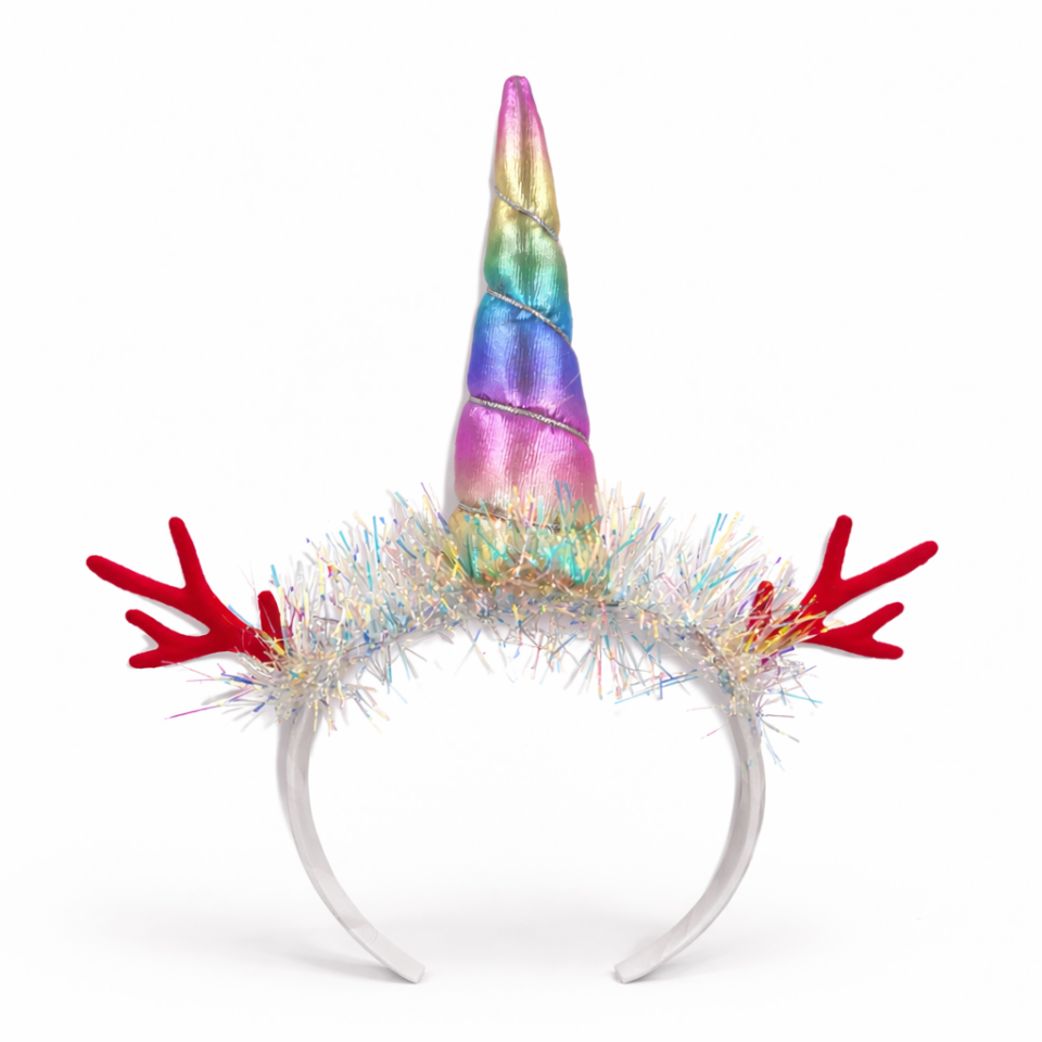 Parti Malzemesi Unicorn Boynuzlu Yılbaşı Taç Gökkuşağı Renkli Simli Parti Tacı Kırmızı Geyik Detaylı