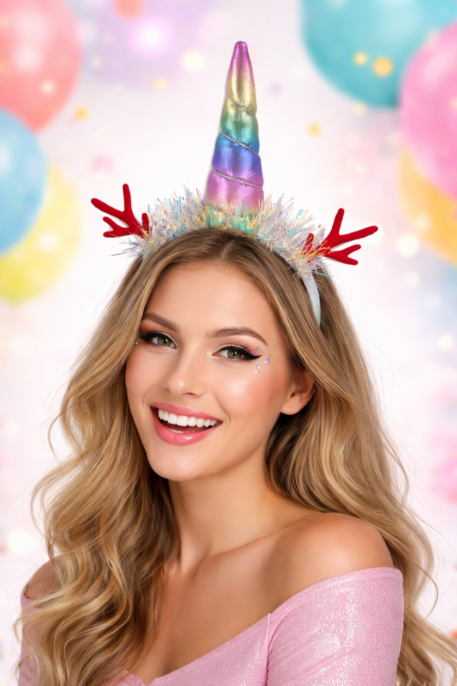 Unicorn Boynuzlu Yılbaşı Taç Gökkuşağı Renkli Simli Parti Tacı Kırmızı Geyik Detaylı