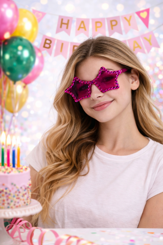 Yıldız Parti Gözlüğü Renkli Taşlı Yetişkin Parti Gözlüğü Doğum Günü ve Konsept Parti Aksesuarı Fuşya